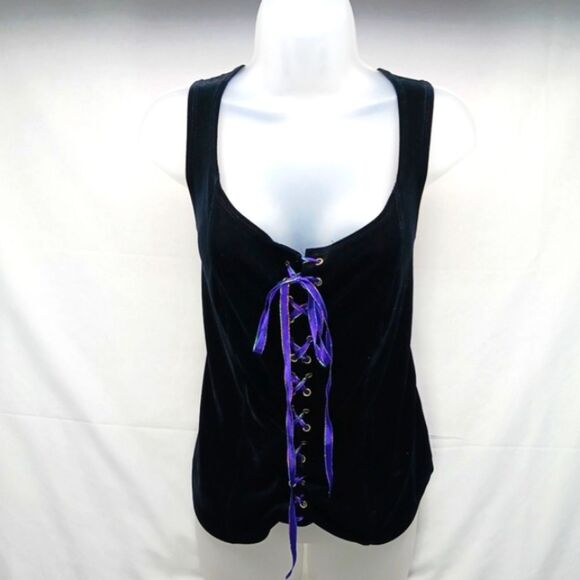 MEDIEVAL VELVET Corcet Black  Theatrical Criss Cross Front Purple Lace Bohemian - Picture 1 of 9